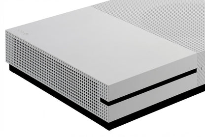 Front corner of an Xbox One S console showing power button and disc slot