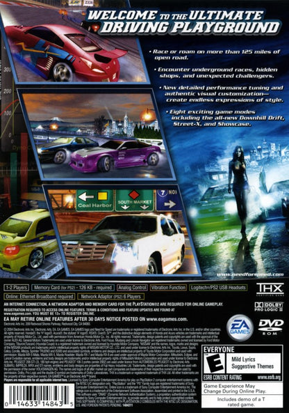 Need for Speed Underground 2 PS2 Sony PlayStation 2 street racing game open world driving tuner cars customization drift racing night city EA Black Box arcade racing multiplayer PlayStation 2 software video game title back cover