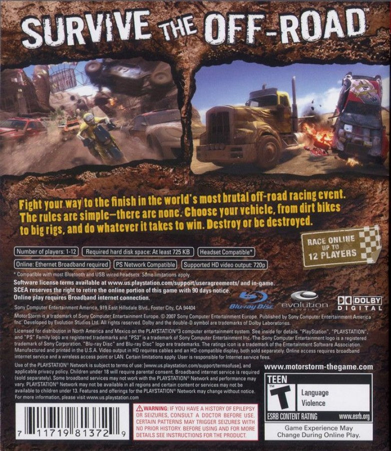 MotorStorm [Greatest Hits] back cover art for PlayStation 3 (PS3) racing video game.  
