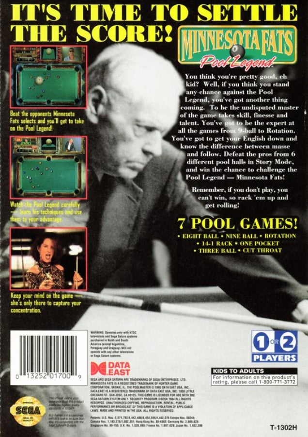 Minnesota Fats: Pool Legend back cover art for Sega Saturn (SS) video game