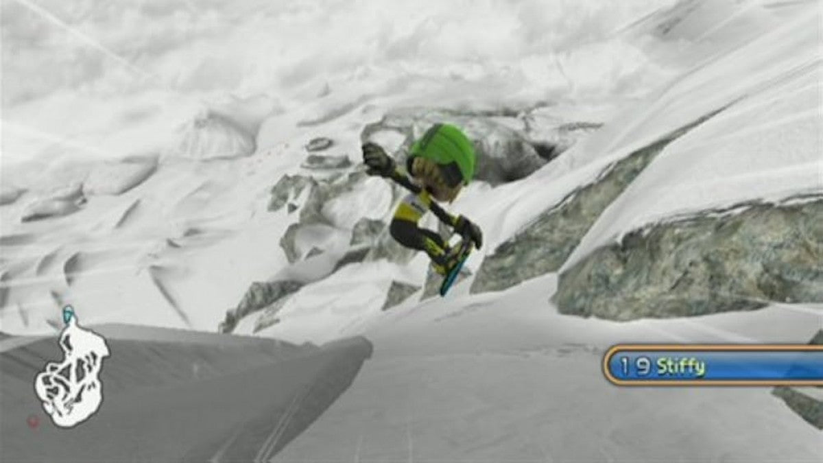 We Ski & Snowboard gameplay for Nintendo Wii (Wii) featuring motion‑controlled skiing and snowboarding on expansive mountain slopes, customizable characters, and family‑friendly freestyle and race events.