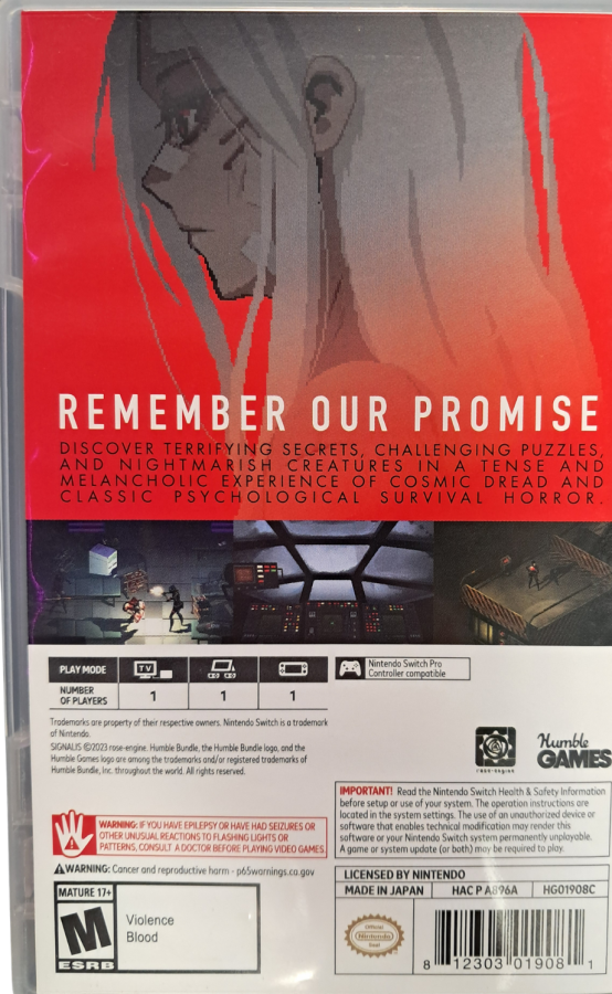 SIGNALIS Nintendo Switch inspired design featuring retro sci fi survival horror aesthetic eerie space station exploration psychological mystery atmospheric tension resource management puzzle solving pixel inspired visuals and haunting cinematic storytelling presentation back cover