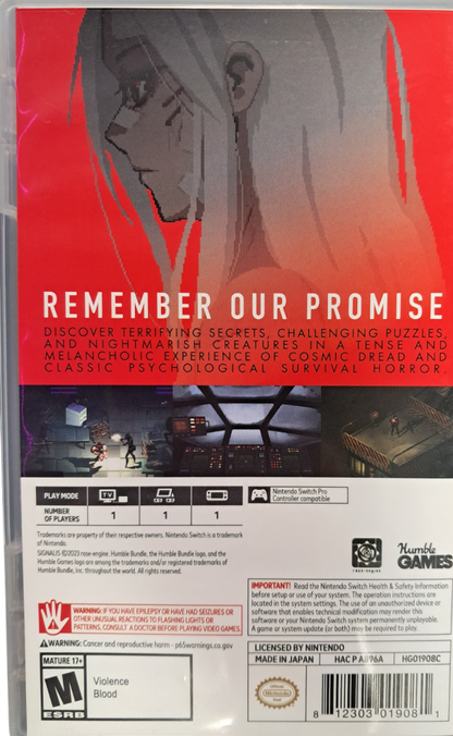 SIGNALIS Nintendo Switch inspired design featuring retro sci fi survival horror aesthetic eerie space station exploration psychological mystery atmospheric tension resource management puzzle solving pixel inspired visuals and haunting cinematic storytelling presentation back cover