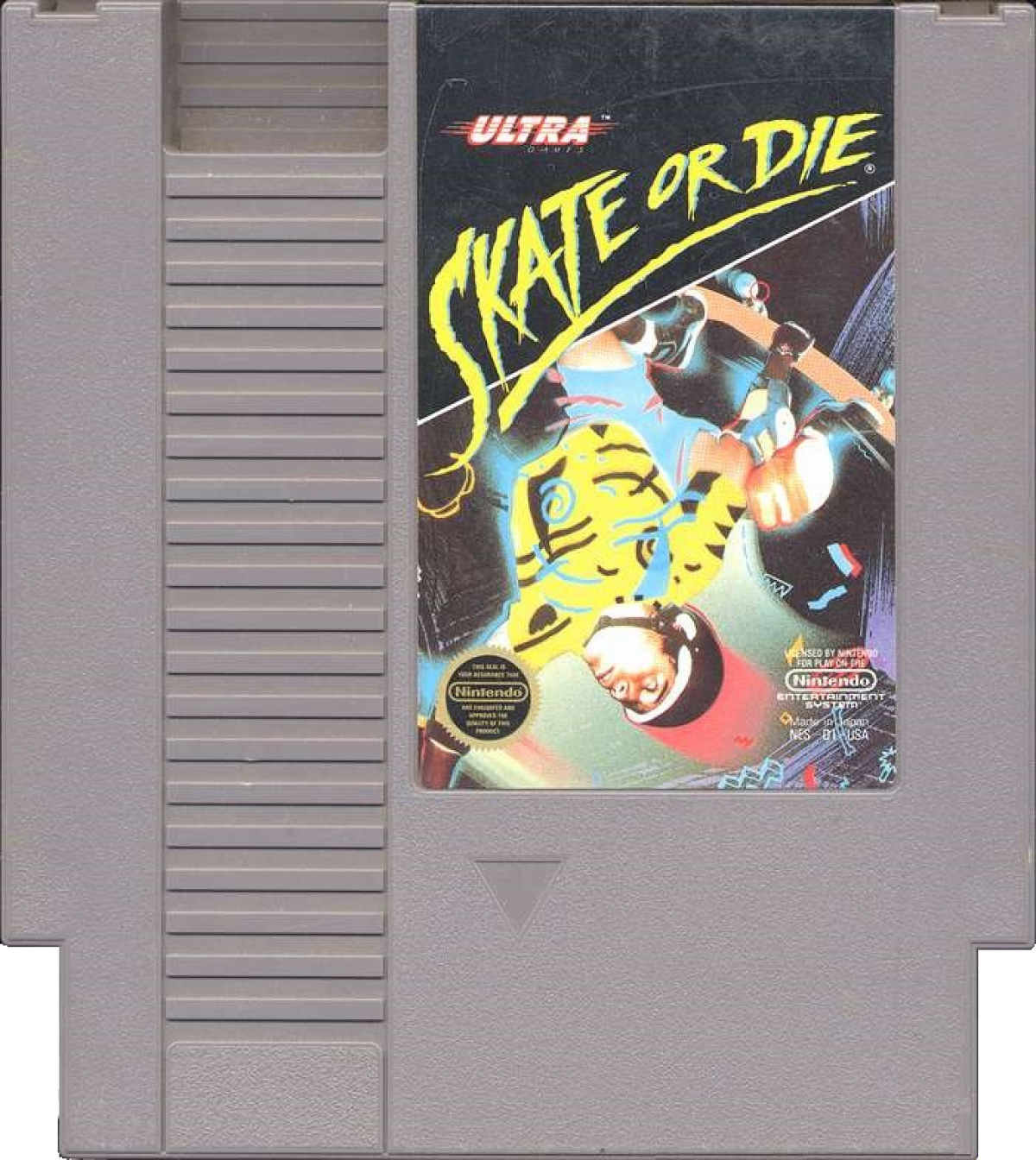 Skate or Die game for the Nintendo Entertainment System featuring skateboarding themed gameplay with multiple events including downhill racing freestyle tricks and jousting with competitive modes and an arcade style presentation cartridge