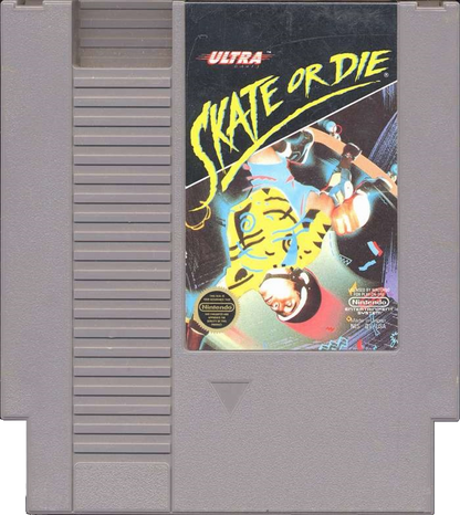 Skate or Die game for the Nintendo Entertainment System featuring skateboarding themed gameplay with multiple events including downhill racing freestyle tricks and jousting with competitive modes and an arcade style presentation cartridge