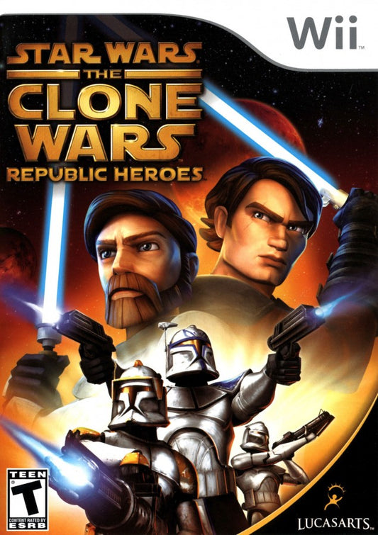 Retro Star Wars The Clone Wars Republic Heroes Wii inspired design featuring animated sci fi action adventure aesthetic Jedi and clone trooper combat galactic battles lightsaber gameplay cartoon style visuals nostalgic Nintendo Wii Star Wars presentation cover art 