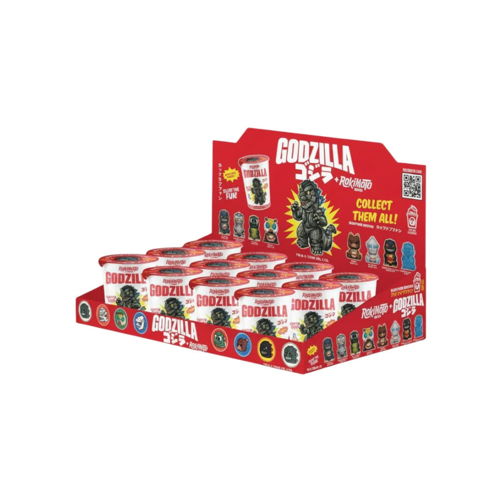 Godzilla Ramen Cup Figures Blind Box inspired design featuring collectible kaiju character mystery box aesthetic miniature monster figures themed around ramen cup scenes detailed display collectibles surprise assortment Japanese pop culture presentation display