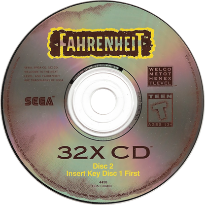 Fahrenheit Sega CD 32X full motion video FMV interactive movie thriller game cyber espionage action conspiracy storyline branching narrative live action cutscenes Digital Pictures style gameplay retro gaming Sega CD 32X software video game title disc 2