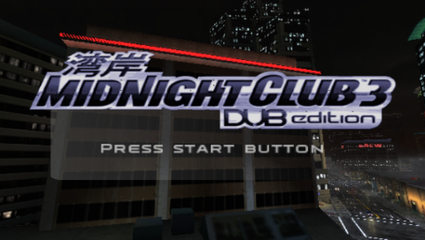 Midnight Club 3: DUB Edition [Greatest Hits] start screen for PlayStation Portable (PSP) open-world racing video game