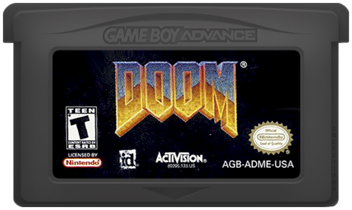 Doom for Game Boy Advance, cartridge for a first-person shooter video game with fast-paced combat, demon enemies, sci-fi environments, and classic arcade-style action