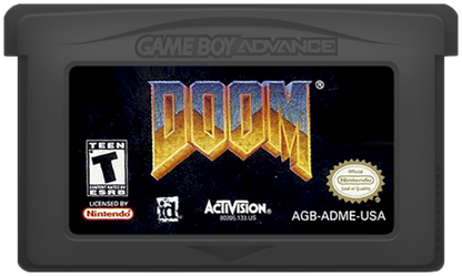 Doom for Game Boy Advance, cartridge for a first-person shooter video game with fast-paced combat, demon enemies, sci-fi environments, and classic arcade-style action