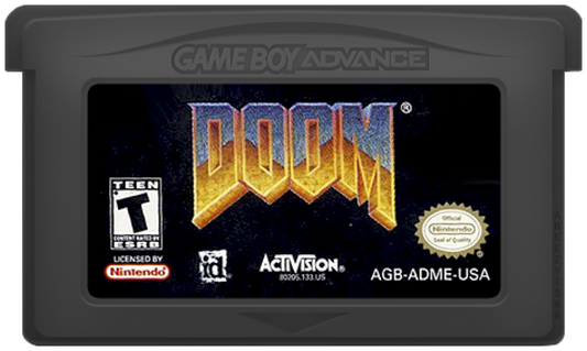 Doom for Game Boy Advance, cartridge for a first-person shooter video game with fast-paced combat, demon enemies, sci-fi environments, and classic arcade-style action
