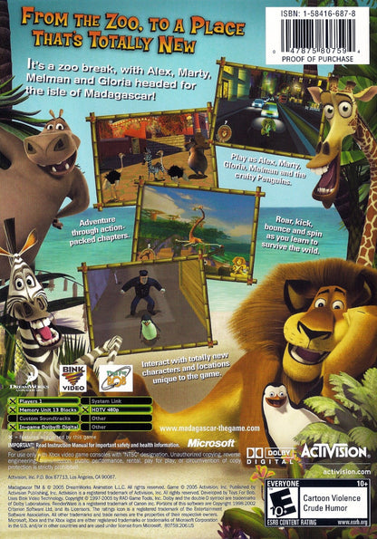 Madagascar Xbox action-adventure video game based on the DreamWorks animated film starring Alex the Lion Marty the Zebra Melman the Giraffe Gloria the Hippo and the penguins jungle safari levels New York zoo escape island survival cooperative gameplay character swapping platforming puzzle solving movie voice actors licensed tie-in back cover