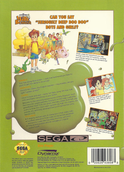 The Adventures of Willy Beamish Sega CD for retro video game enthusiasts featuring point and click adventure gameplay animated cartoon storytelling interactive puzzle solving humorous characters branching events classic graphic adventure design and collectible gaming appeal back cover 