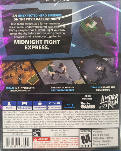 Midnight Fight Express Limited Run 553 PS4 game featuring fast-paced beat em up combat, stylish action choreography, and exclusive Limited Run Games collectible release back cover