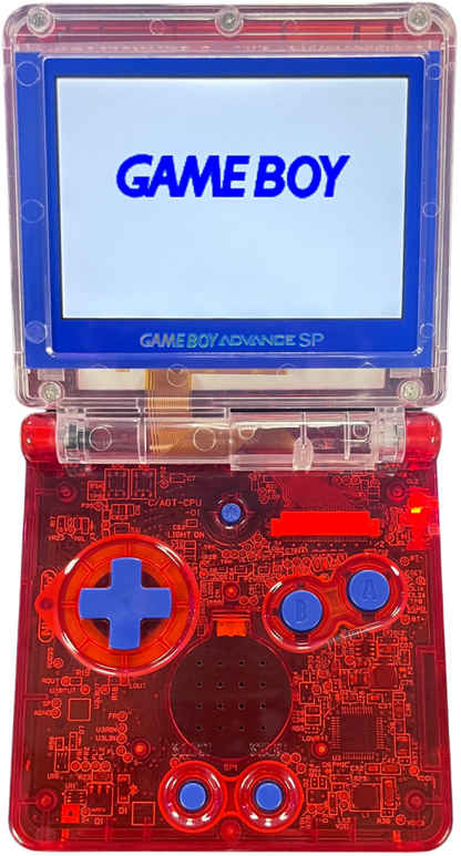 Retro GBA SP custom shell IPS mod inspired design featuring upgraded Nintendo handheld gaming console aesthetic vibrant custom housing backlit IPS display rechargeable clamshell portable system nostalgic retro gaming hardware presentation open