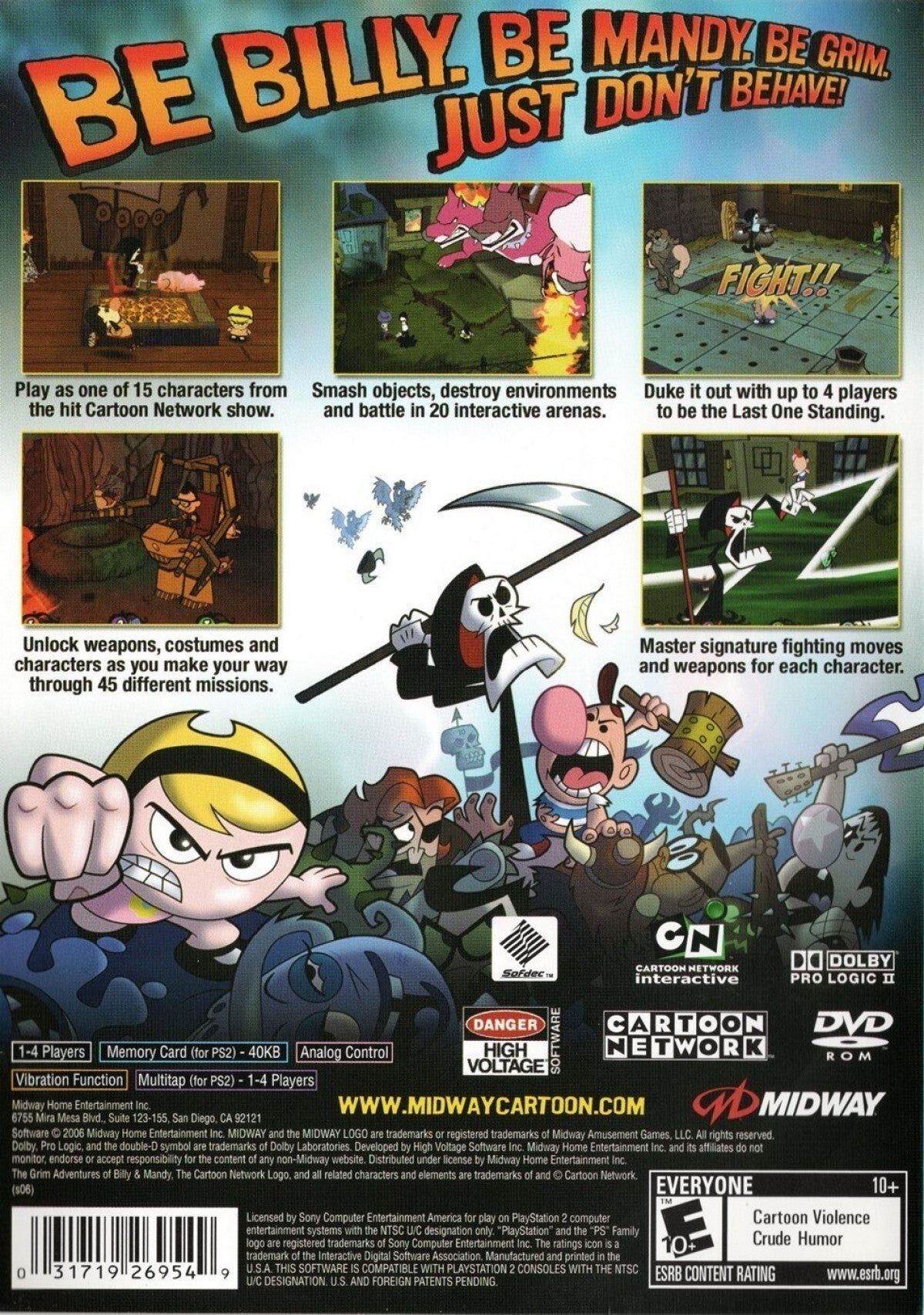 The Grim Adventures of Billy & Mandy PS2 Sony PlayStation 2 action platformer based on Cartoon Network series The Grim Adventures of Billy & Mandy chaotic cartoon comedy gameplay mini games arena battles Grim Reaper characters kids party style retro gaming PlayStation 2 software video game title back cover art