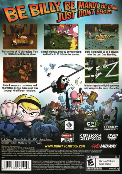 The Grim Adventures of Billy & Mandy PS2 Sony PlayStation 2 action platformer based on Cartoon Network series The Grim Adventures of Billy & Mandy chaotic cartoon comedy gameplay mini games arena battles Grim Reaper characters kids party style retro gaming PlayStation 2 software video game title back cover art