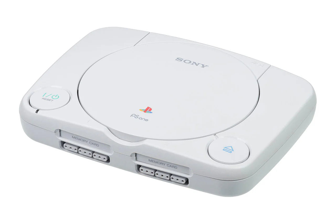 Front view of a Sony PSone slim console showing disc lid, power button, reset button, and controller ports.