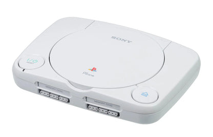 Front view of a Sony PSone slim console showing disc lid, power button, reset button, and controller ports.