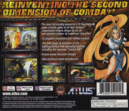 retro Guilty Gear PlayStation PS1 cover art collectible anime fighting game by Arc System Works authentic classic retro gaming title featuring fast paced arcade combat and iconic 2D battles back cover art