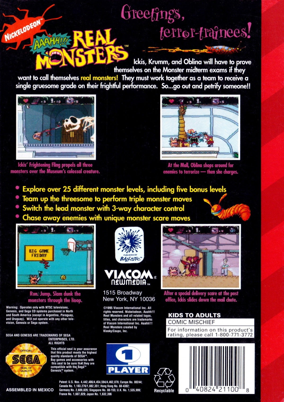 Aaahh Real Monsters Sega Genesis for retro video game enthusiasts featuring side scrolling action platforming gameplay Nickelodeon cartoon inspired characters monster themed adventures puzzle solving colorful levels cooperative style gameplay and collectible gaming appeal bac kcover  