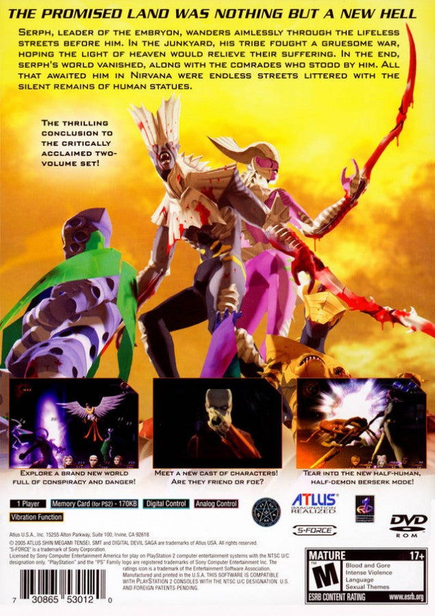 Shin Megami Tensei Digital Devil Saga 2 PlayStation 2 PS2 for role playing video game fans featuring turn based combat demon transformation abilities strategic character progression deep sci fi fantasy storytelling challenging dungeon crawling atmospheric world exploration iconic Atlus JRPG adventure collectible gaming appeal back cover art