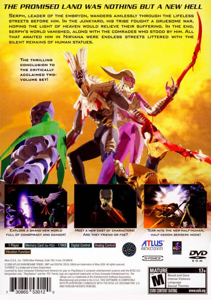 Shin Megami Tensei Digital Devil Saga 2 PlayStation 2 PS2 for role playing video game fans featuring turn based combat demon transformation abilities strategic character progression deep sci fi fantasy storytelling challenging dungeon crawling atmospheric world exploration iconic Atlus JRPG adventure collectible gaming appeal back cover art
