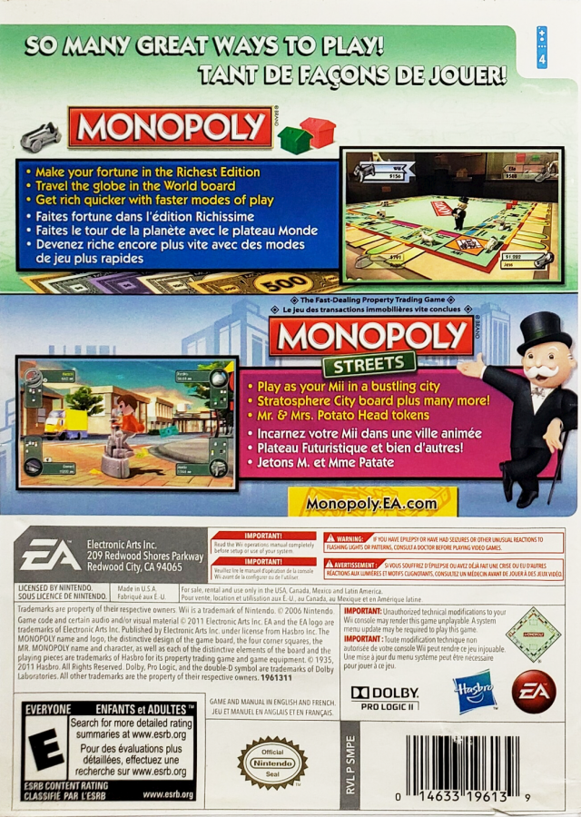 Monopoly Collection – Nintendo Wii (Wii) board game party multiplayer video game back of case