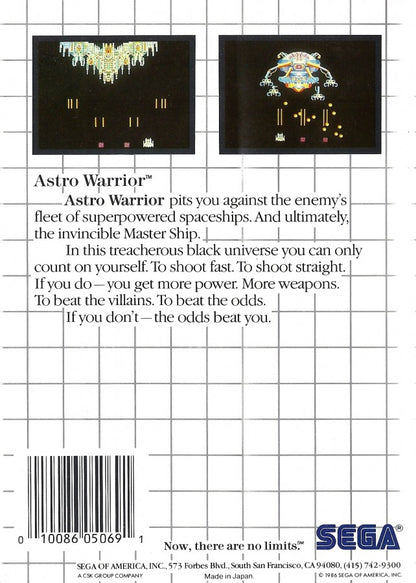 Astro Warrior Sega Master System SMS for arcade shoot em up video game fans featuring space combat futuristic environments enemy waves power ups weapon upgrades scrolling shooter gameplay challenging stages boss battles and classic Sega Master System action collectible retro gaming appeal back cover art