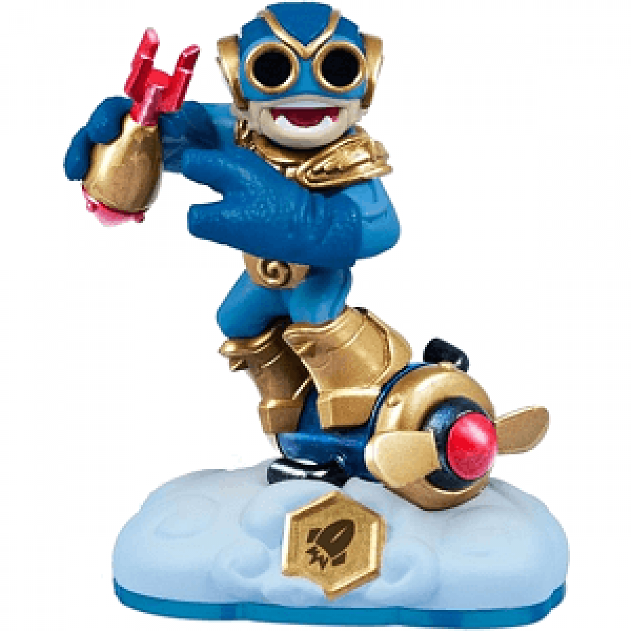 Boom Jet Skylanders Swap Force figure, air element jet pilot with rocket backpack, helmet and spinning lower body, posed in aerial attack stance, detailed collectible toy on portal base from Skylanders Swap Force series