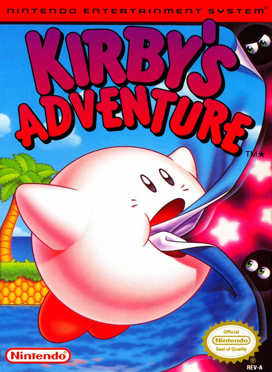 Kirby's Adventure cartridge for the Nintendo Entertainment System featuring Kirby in a colorful 8 bit side scrolling platformer with copy abilities and dream world exploration cover art