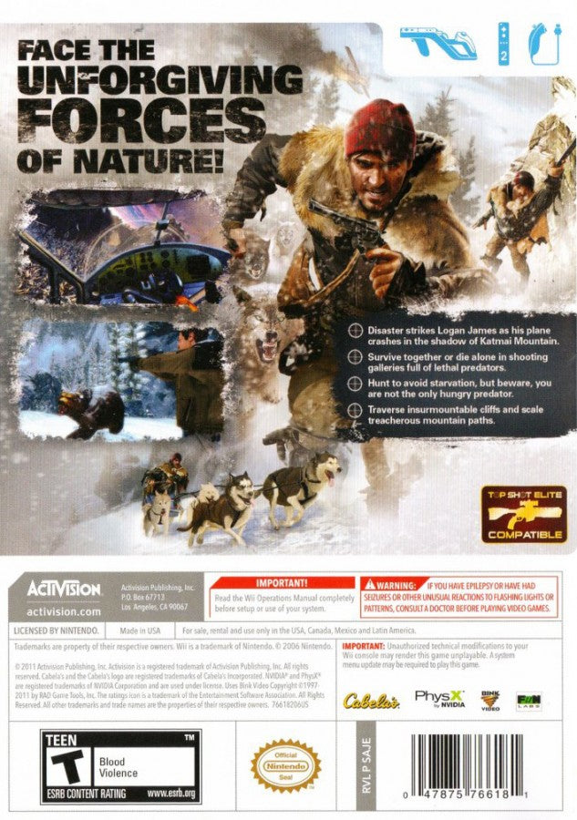 Cabela's Survival: Shadows Of Katmai back cover art for Nintendo Wii (Wii) video game