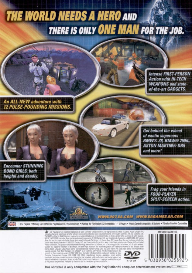 007: Agent Under Fire [Greatest Hits] back cover art for PlayStation 2 shooting game. 