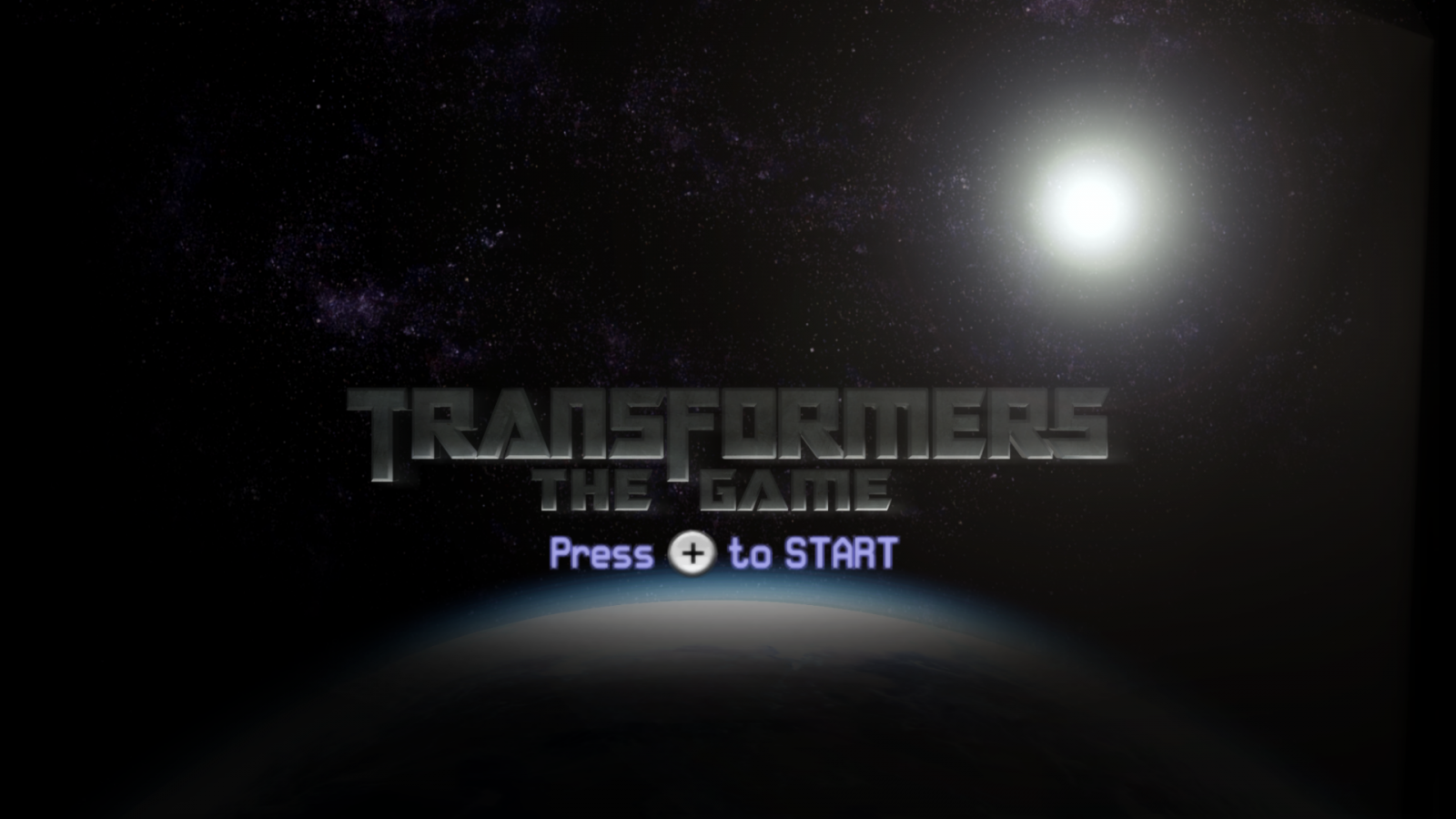 Transformers: The Game title screen for Nintendo Wii (Wii) featuring battles with Autobots and Decepticons in film‑based missions