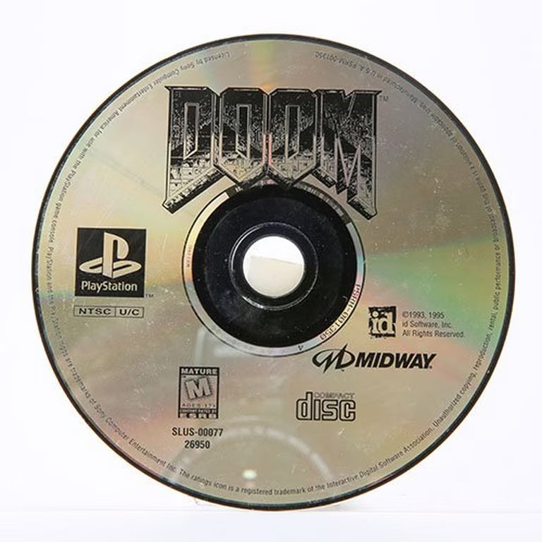 DOOM Greatest Hits PlayStation PS1 for first person shooter video game fans featuring fast paced demon slaying action intense sci fi horror environments powerful weapons classic campaign multiplayer deathmatch iconic id Software gameplay retro PlayStation collectible gaming appeal disc