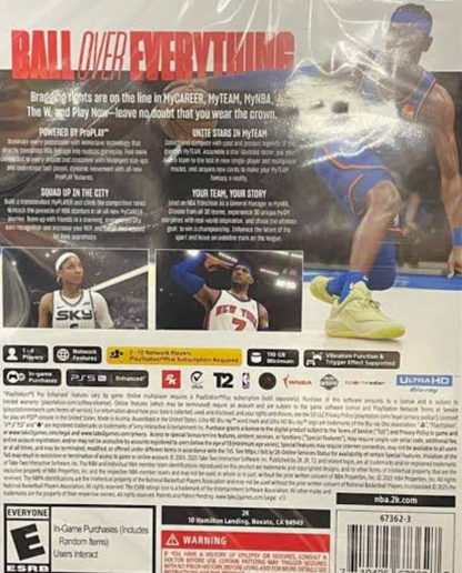 NBA 2K26 PlayStation 5 PS5 for video game enthusiasts featuring realistic basketball simulation gameplay authentic NBA teams and players MyCAREER mode MyTEAM competition franchise management immersive on court action advanced graphics and collectible gaming appeal back cover 