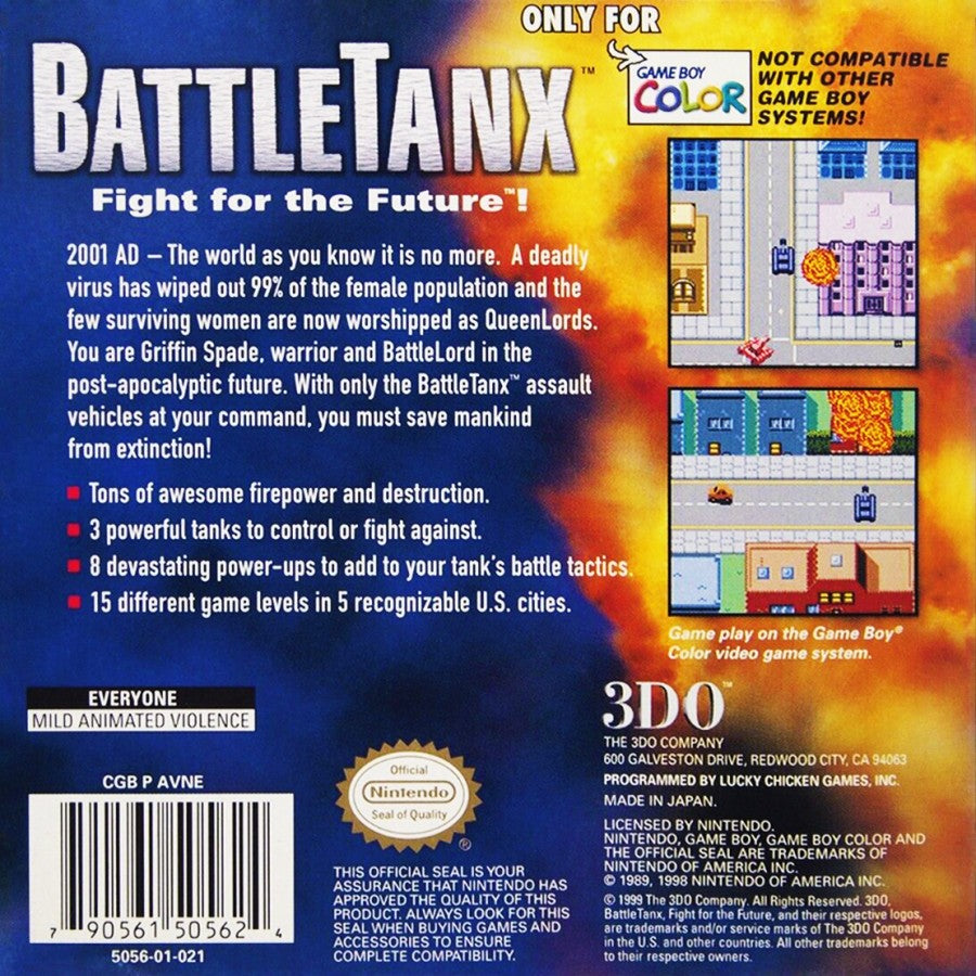 Battletanx Game Boy Color GBC video game featuring tank combat gameplay armored vehicle battles destructive environments weapon attacks enemy tanks challenging missions and classic handheld action retro video game collection collectible gaming appeal back cover art