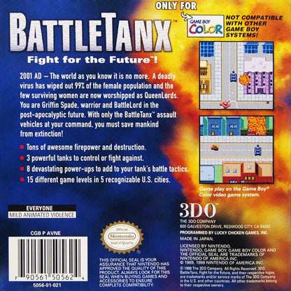 Battletanx Game Boy Color GBC video game featuring tank combat gameplay armored vehicle battles destructive environments weapon attacks enemy tanks challenging missions and classic handheld action retro video game collection collectible gaming appeal back cover art