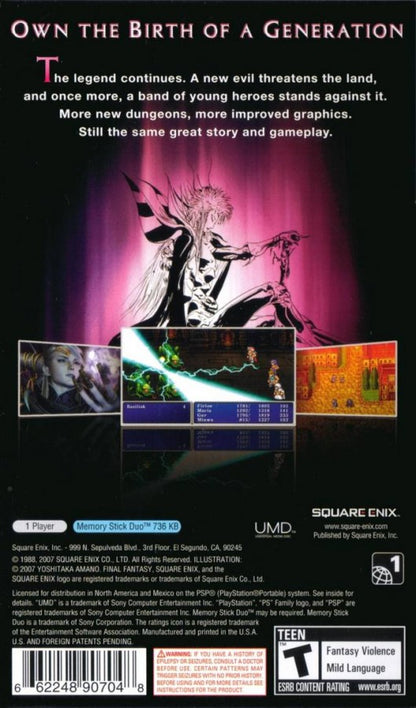 Final Fantasy II PSP inspired design featuring classic fantasy role playing adventure aesthetic legendary heroes epic world saving journey turn based combat memorable storytelling enhanced portable visuals iconic magic and character progression gameplay presentation back cover art