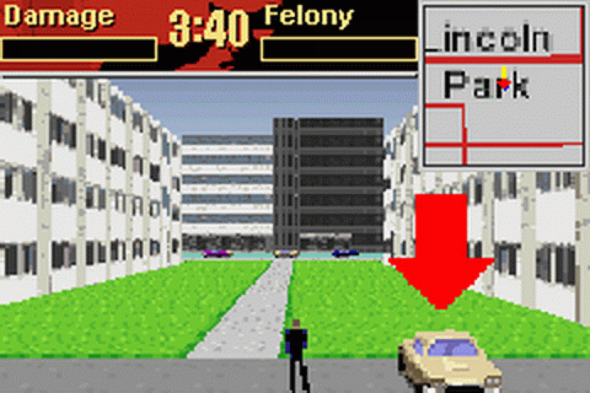 Driver 2 Advance for Game Boy Advance, gameplay for an action driving video game with mission-based gameplay, open city environments, vehicle chases, and crime-themed challenges
