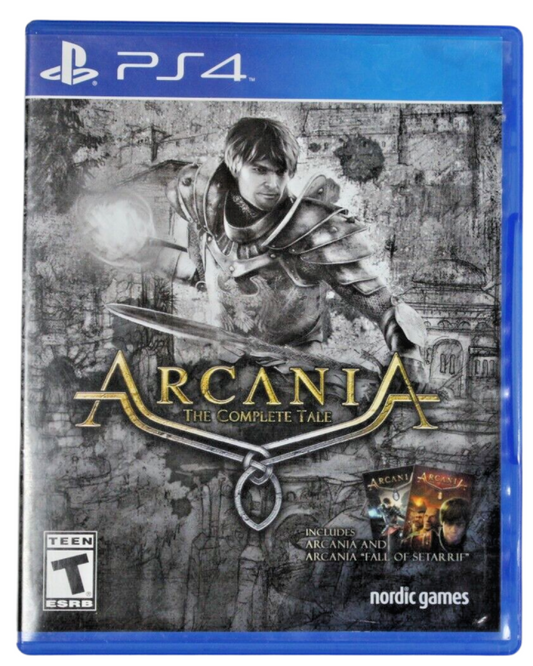Arcania: The Complete Tale retro PS4 video game Arcania The Complete Tale fantasy action RPG open world exploration melee combat story driven role playing game console release cover art