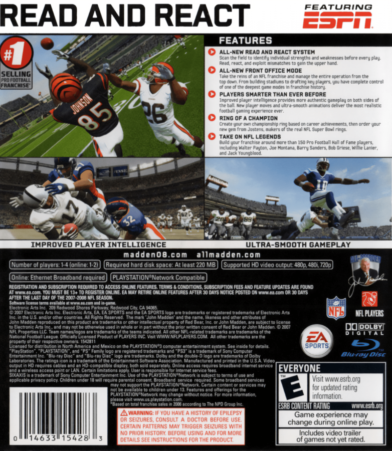 Madden NFL 08 back cover art for PlayStation 3 (PS3) video game