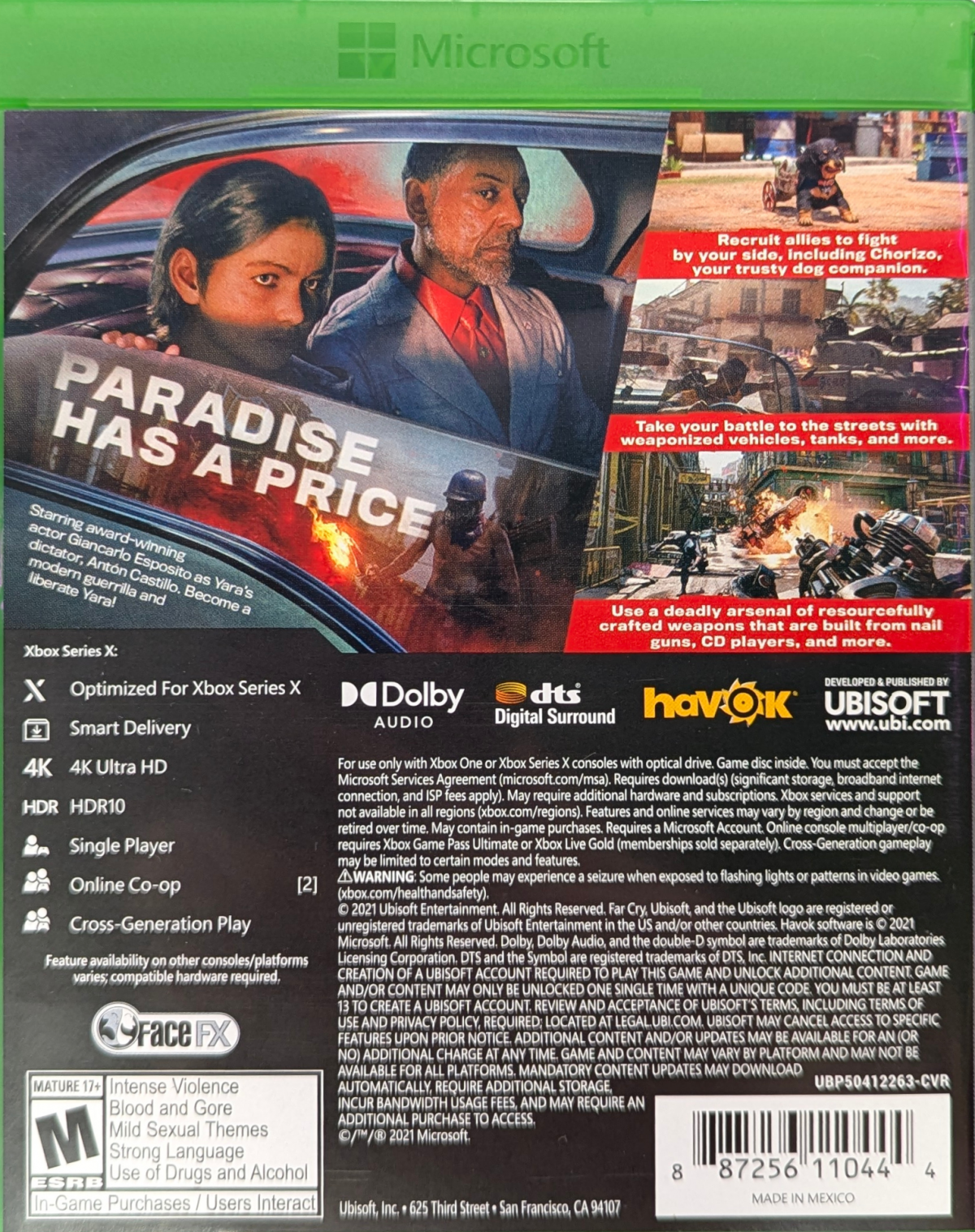 Far Cry 6 for Xbox Series X (XSX) at Gamers INC, featuring the explosive open-world revolution set in the tropical paradise of Yara, where you play as Dani Rojas fighting to liberate your nation from the iron-fisted rule of dictator Antón Castillo, utilizing "Resolver" makeshift weaponry, a menagerie of animal companions, and seamless co-op in a sprawling guerrilla warfare experience optimized with 4K resolution and 60fps performance back cover