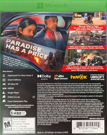 Far Cry 6 for Xbox Series X (XSX) at Gamers INC, featuring the explosive open-world revolution set in the tropical paradise of Yara, where you play as Dani Rojas fighting to liberate your nation from the iron-fisted rule of dictator Antón Castillo, utilizing "Resolver" makeshift weaponry, a menagerie of animal companions, and seamless co-op in a sprawling guerrilla warfare experience optimized with 4K resolution and 60fps performance back cover