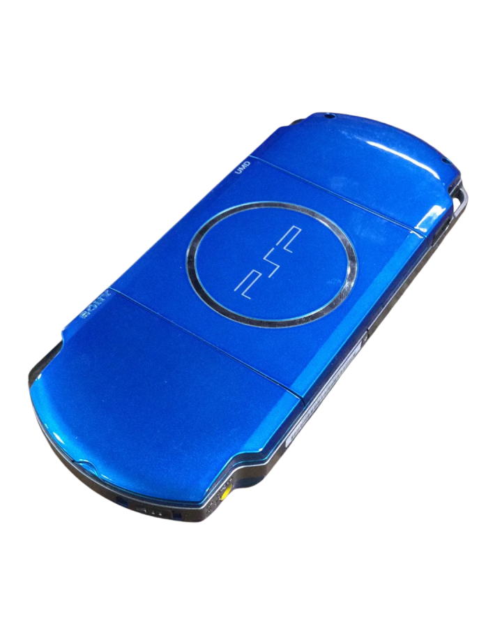 PlayStation Portable 3000 Blue Sony PSP 3000 handheld console in blue color slim portable gaming system UMD disc drive widescreen display WiFi capable retro gaming device back view