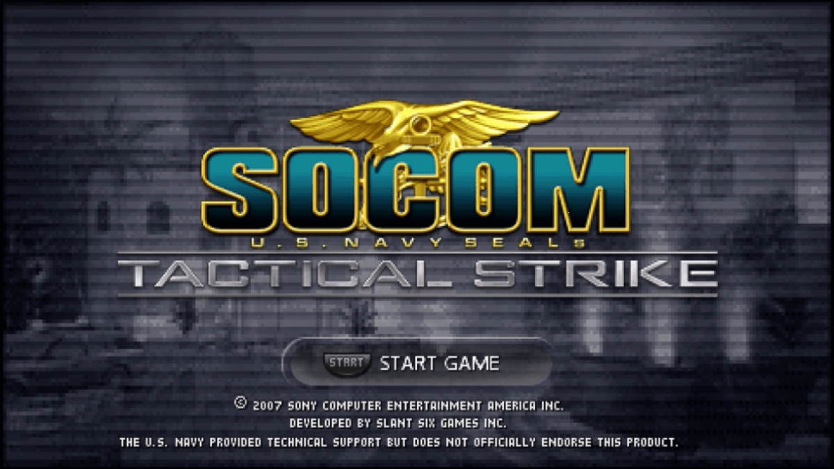 SOCOM U.S. Navy SEALs Tactical Strike PlayStation Portable PSP video game, tactical strategy action, squad-based military gameplay, handheld console title main menu title screen