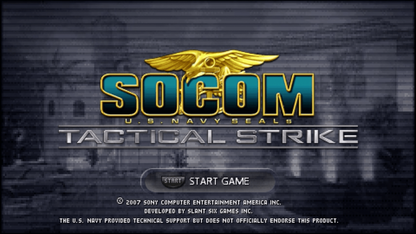 SOCOM U.S. Navy SEALs Tactical Strike PlayStation Portable PSP video game, tactical strategy action, squad-based military gameplay, handheld console title main menu title screen