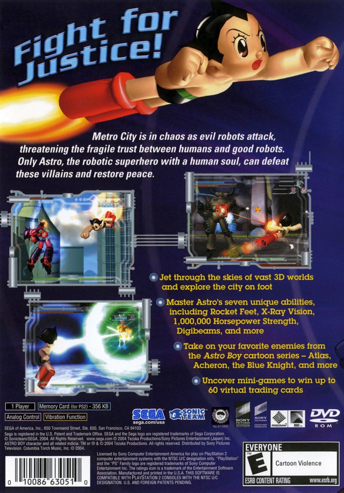 Astro Boy disc for the PlayStation 2 featuring action platforming gameplay based on the classic manga and anime with flight combat robot abilities and story driven missions starring Astro Boy (Atom) fighting enemies and saving the future gameplay 