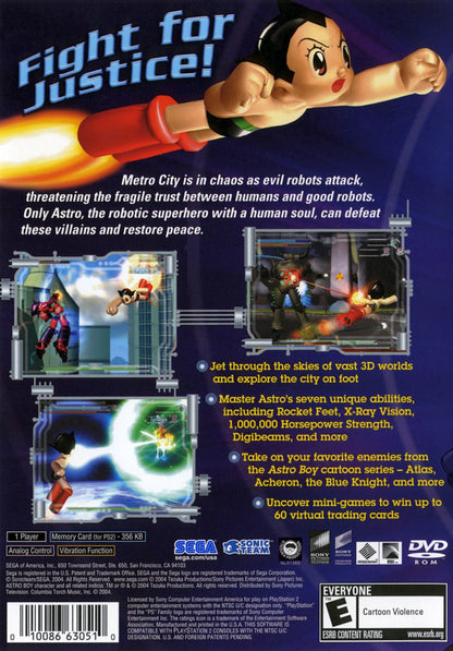 Astro Boy disc for the PlayStation 2 featuring action platforming gameplay based on the classic manga and anime with flight combat robot abilities and story driven missions starring Astro Boy (Atom) fighting enemies and saving the future gameplay 